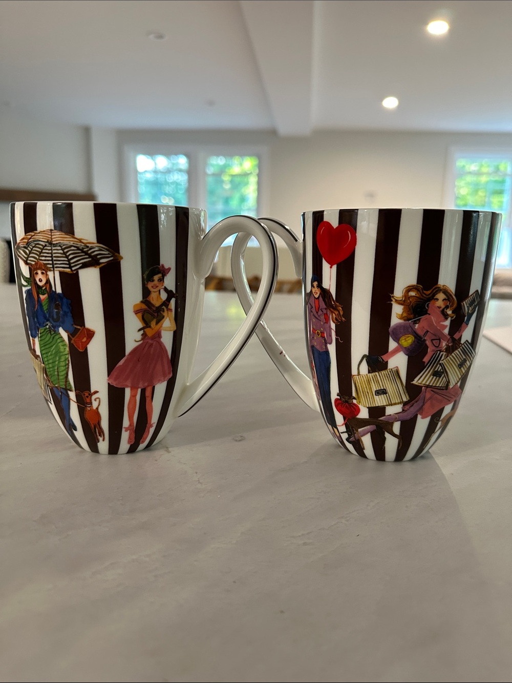 Set of 2 Henri Bendel Fashion Girl Bone China White/Brown Stripe Mug